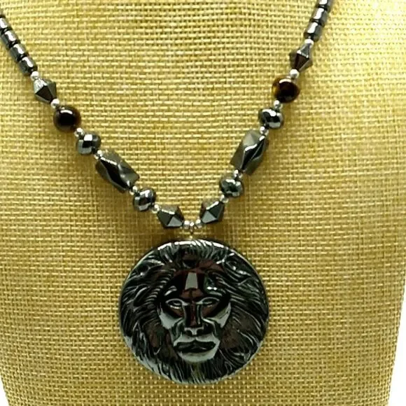 Men's/Unisex Hematite Beads & Lion's Head Pendant Necklace w/2 Cat's Eye Beads - Picture 5 of 14